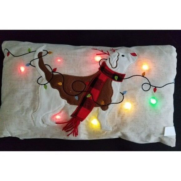 Accent Pillow Reindeer Dog Christmas Holiday Blinking Light-Up Buffalo Plaid - Picture 1 of 12